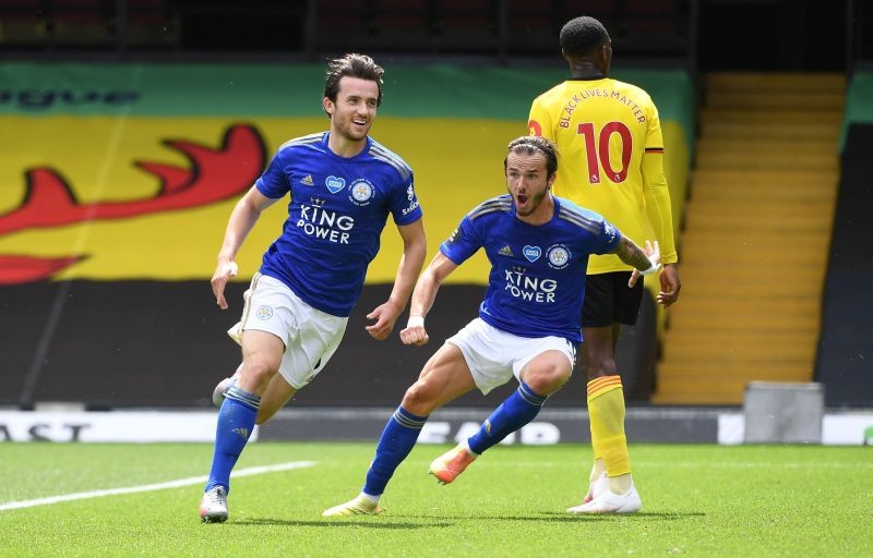 Soccer Football - Premier League - Watford v Leicester City - Vicarage Road, Watford, Britain - June 20, 2020 Leicester City's Ben Chilwell celebrates scoring their first goal with Leicester City's James Maddison as play resumes behind closed doors following the outbreak of the coronavirus disease (COVID-19) Andy Rain/Pool via REUTERS